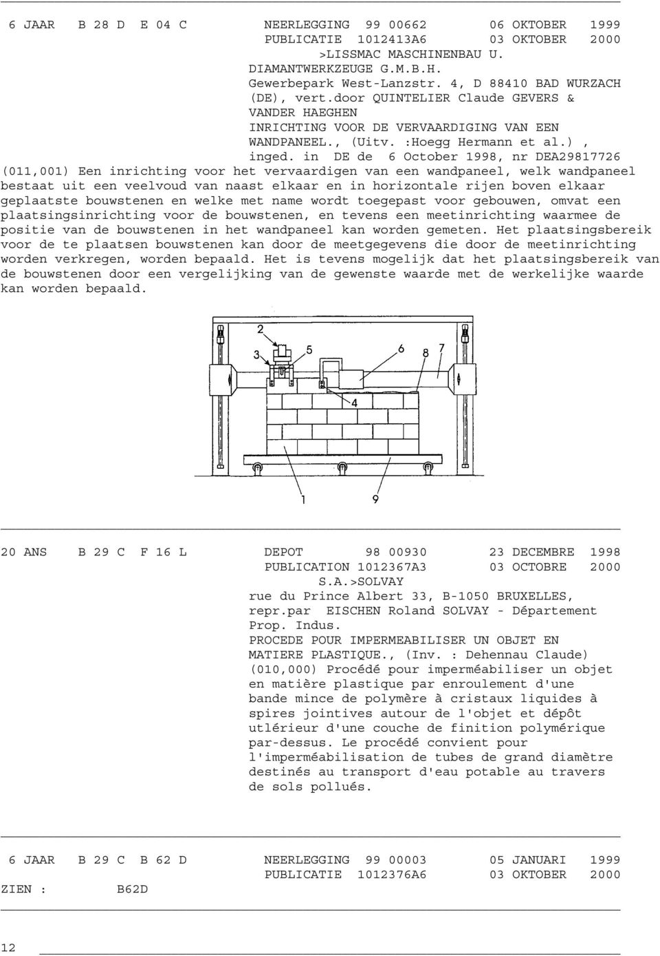 in DE de 6 October 1998, nr DEA29817726 (011,001) Een inrichting voor het vervaardigen van een wandpaneel, welk wandpaneel bestaat uit een veelvoud van naast elkaar en in horizontale rijen boven