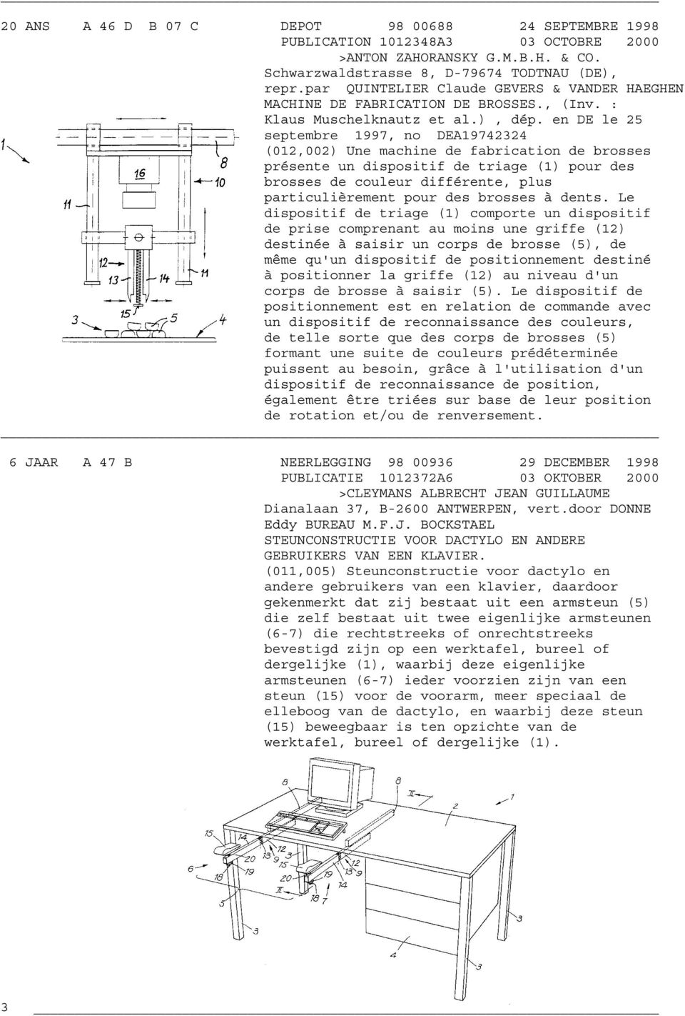 en DE le 25 septembre 1997, no DEA19742324 (012,002) Une machine de fabrication de brosses présente un dispositif de triage (1) pour des brosses de couleur différente, plus particulièrement pour des
