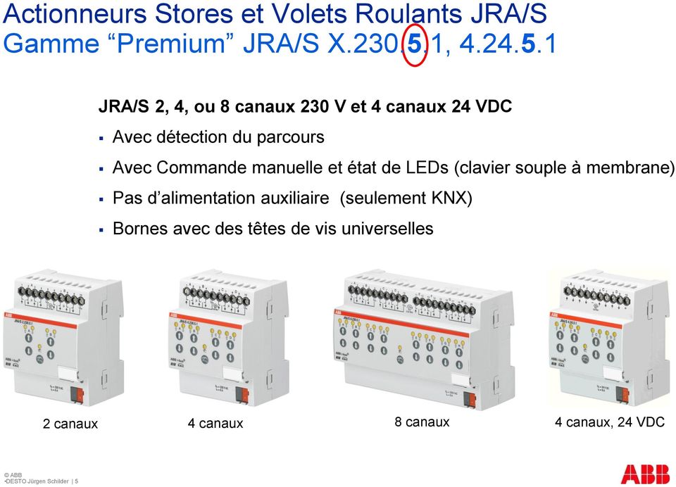 1 JRA/S 2, 4, ou 8 canaux 230 V et 4 canaux 24 VDC Avec détection du parcours Avec