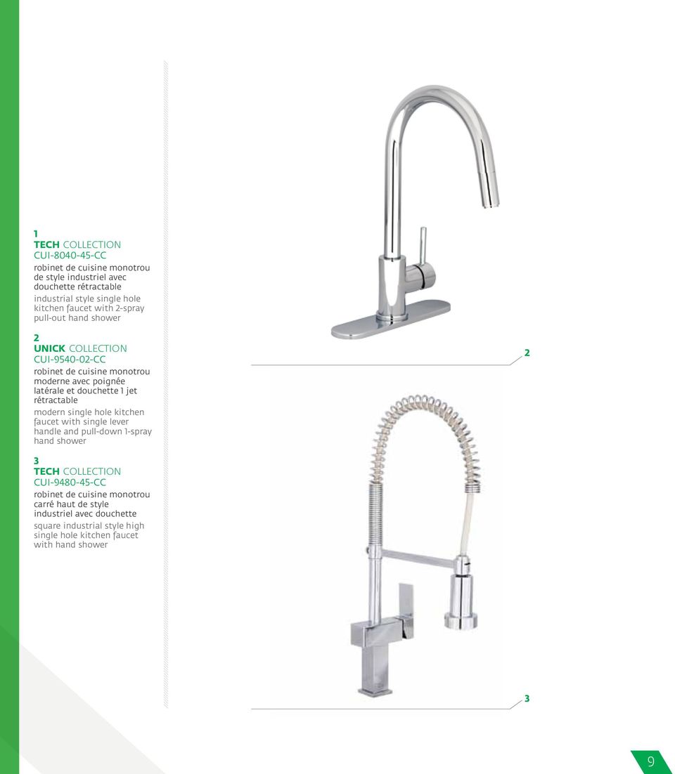 rétractable modern single hole kitchen faucet with single lever handle and pull-down 1-spray hand shower 2 3 TECH COLLECTION