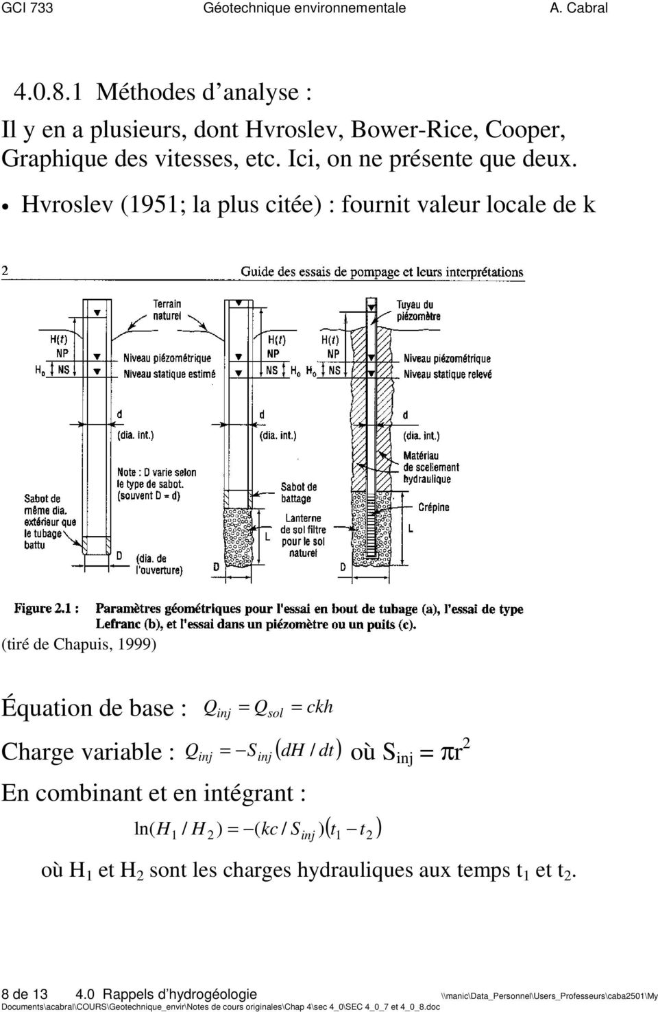 Hvroslev (1951; la plus citée) : fournit valeur locale de k (tiré de Chapuis, 1999) Équation de base : Qinj = Qsol = ckh Charge variable