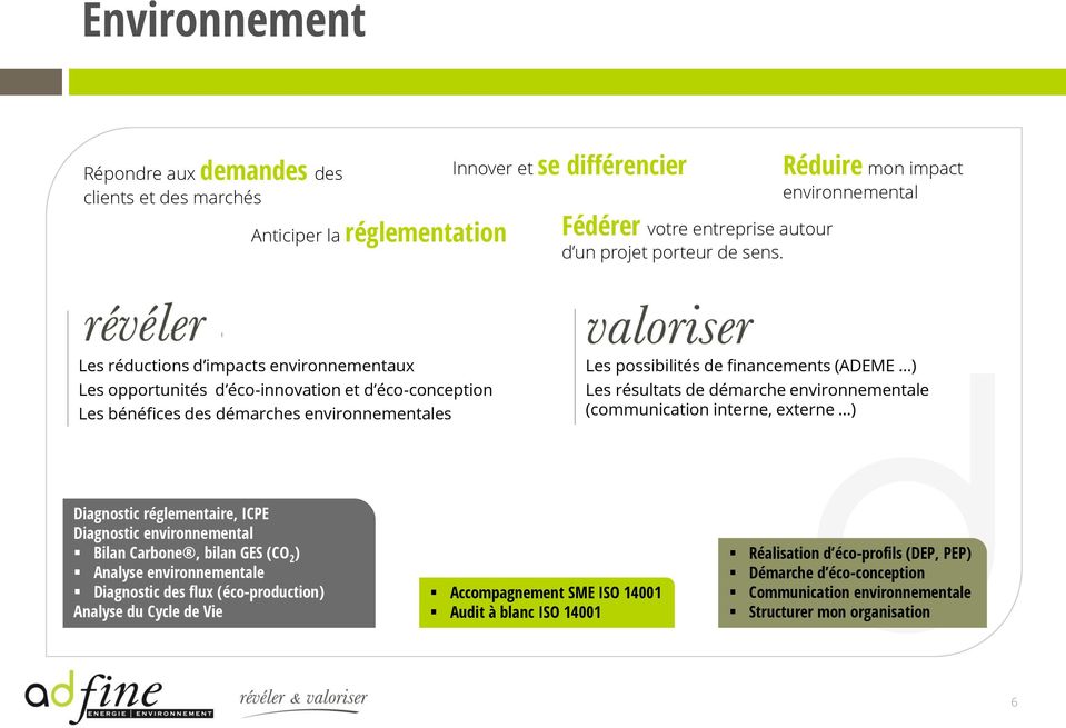financements (ADEME ) Les résultats de démarche environnementale (communication interne, externe ) Diagnostic réglementaire, ICPE Diagnostic environnemental Bilan Carbone, bilan GES (CO 2 ) Analyse