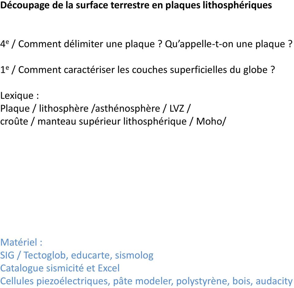 Lexique : Plaque / lithosphère /asthénosphère / LVZ / croûte / manteau supérieur lithosphérique / Moho/
