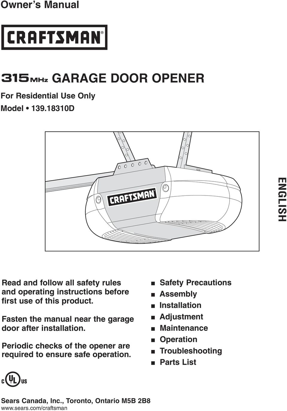 Garage Door Opener Owner S Manual English For Residential Use Only Model D Pdf Telechargement Gratuit