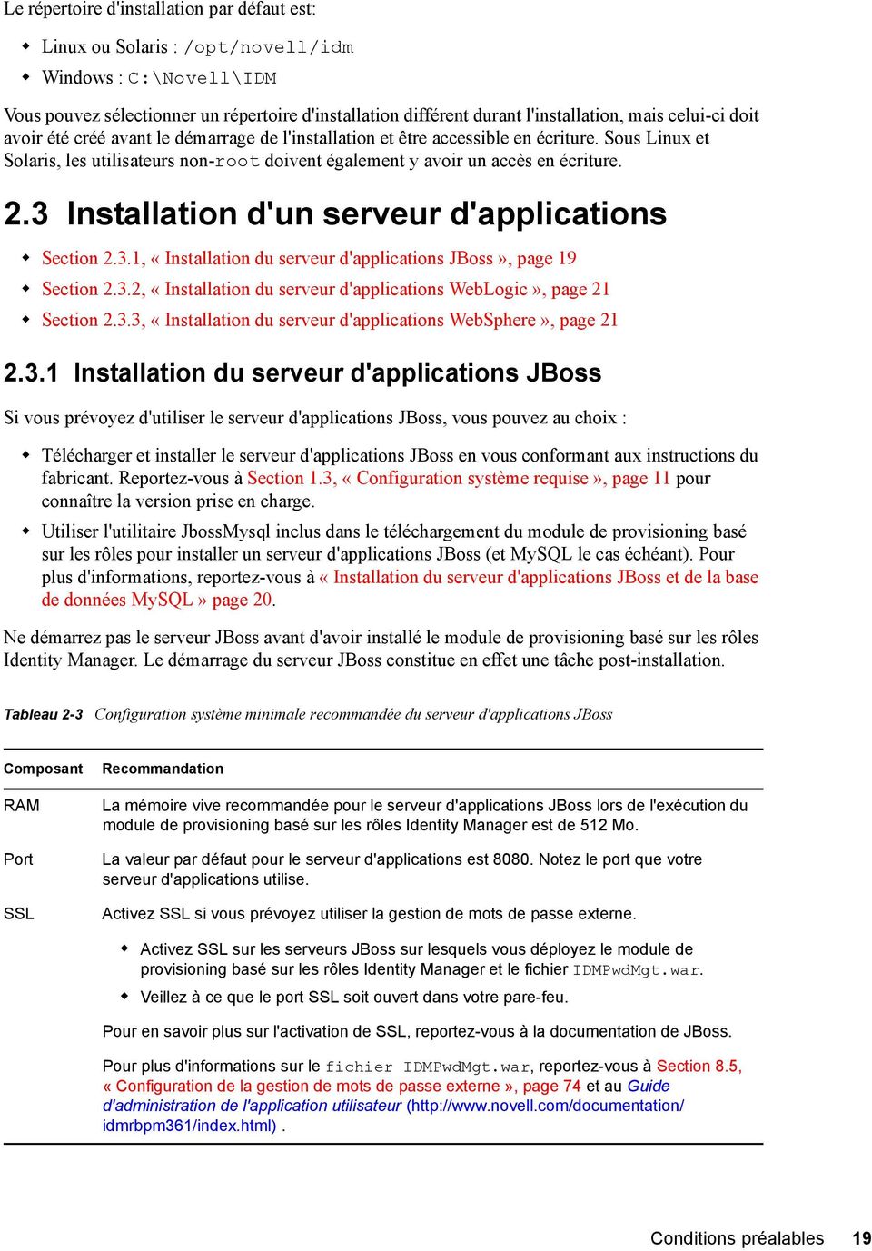 3 Installation d'un serveur d'applications Section 2.3.1, «Installation du serveur d'applications JBoss», page 19 Section 2.3.2, «Installation du serveur d'applications WebLogic», page 21 Section 2.3.3, «Installation du serveur d'applications WebSphere», page 21 2.