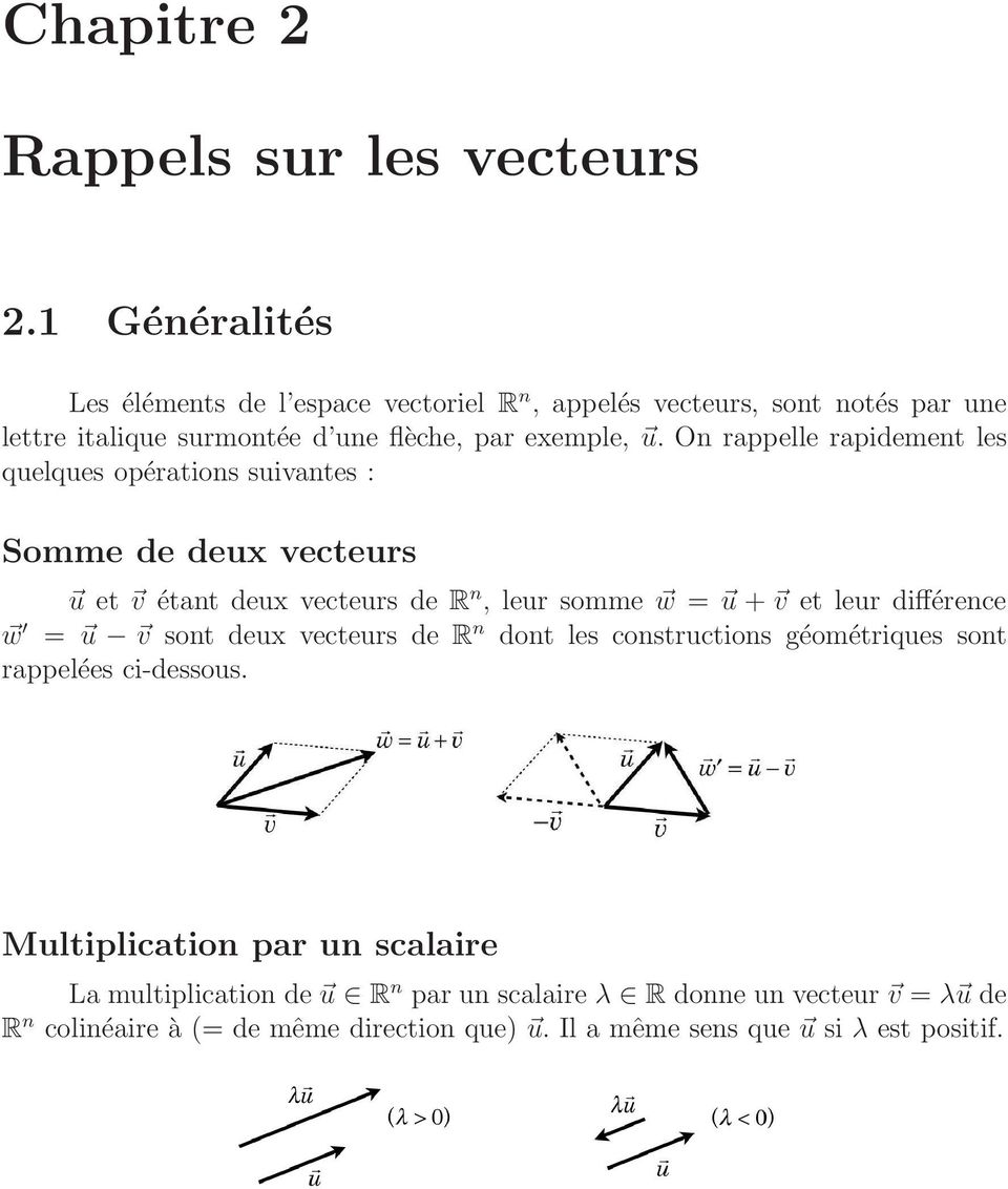 On rappelle rapidement les quelques opérations suivantes : Somme de deux vecteurs u et v étant deux vecteurs de R n, leur somme w = u + v et leur différence
