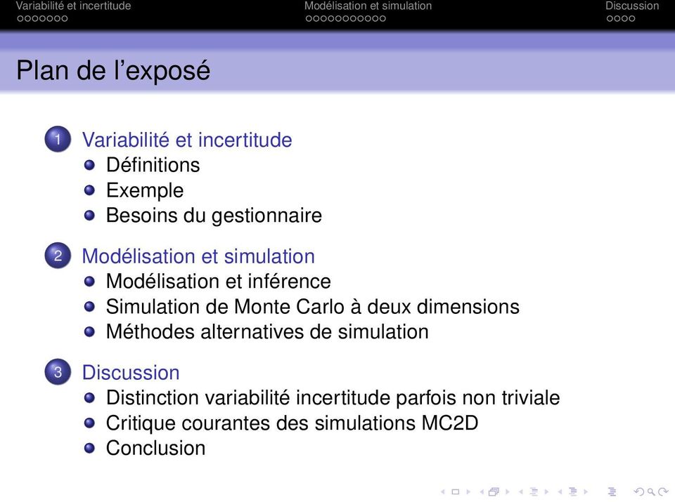 Monte Carlo à deux dimensions Méthodes alternatives de simulation 3 Discussion