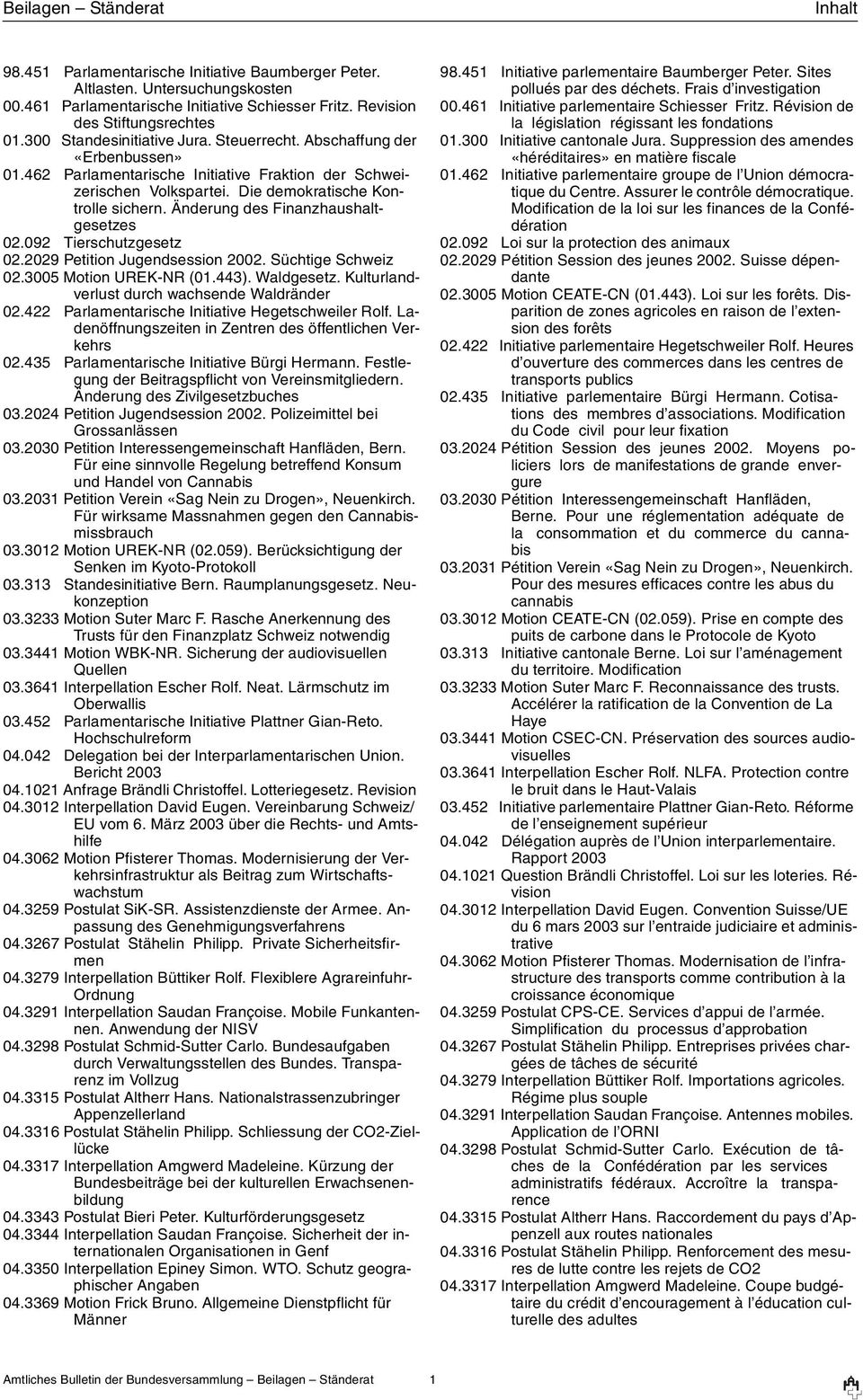 Änderung des Finanzhaushaltgesetzes 02.092 Tierschutzgesetz 02.2029 Petition Jugendsession 2002. Süchtige Schweiz 02.3005 Motion UREK-NR (01.443). Waldgesetz.