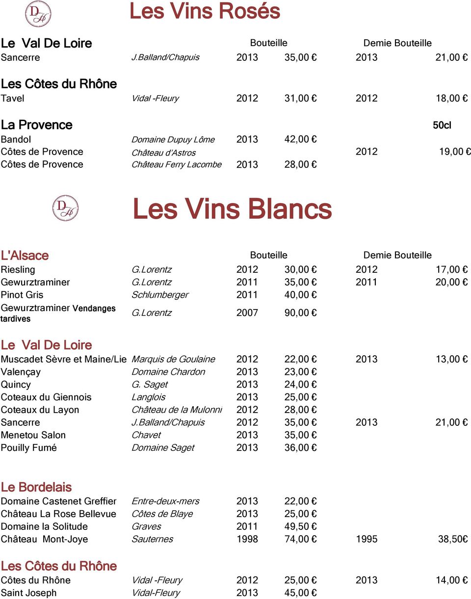 Côtes de Provence Château Ferry Lacombe "Naos" 2013 28,00 Les Vins Blancs L'Alsace Riesling G.Lorentz 2012 30,00 2012 17,00 Gewurztraminer G.
