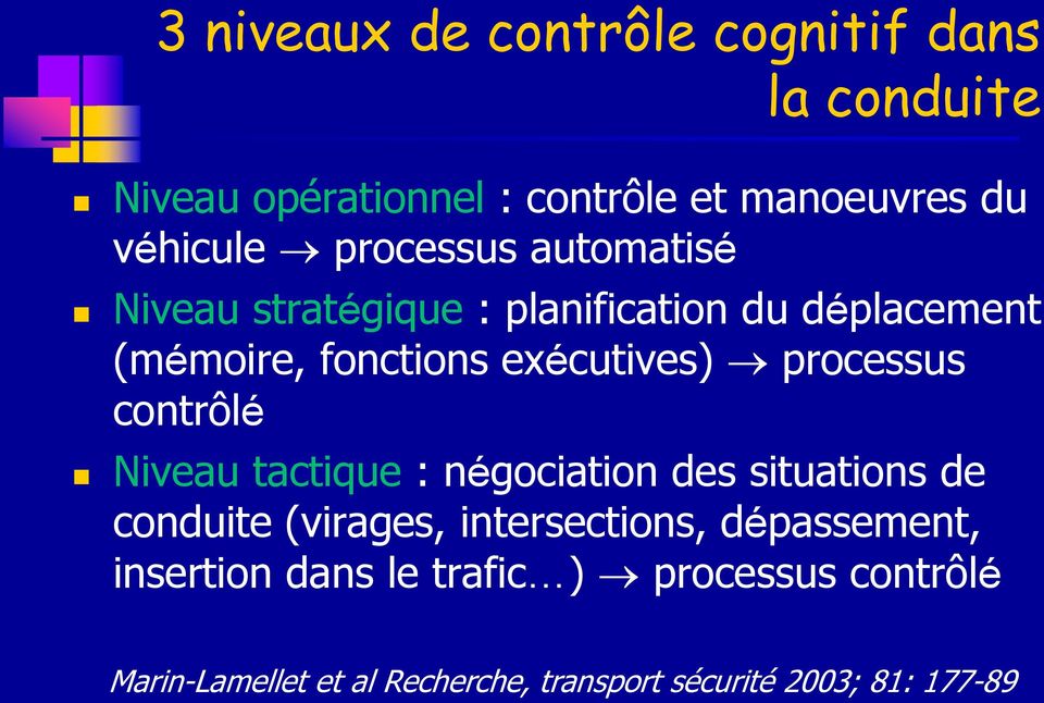 processus contrôlé Niveau tactique : négociation des situations de conduite (virages, intersections,