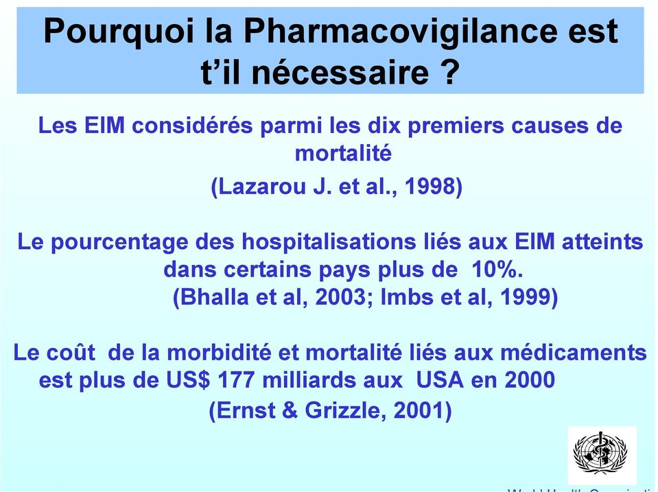 , 1998) Le pourcentage des hospitalisations liés aux EIM atteints dans certains pays plus de 10%.