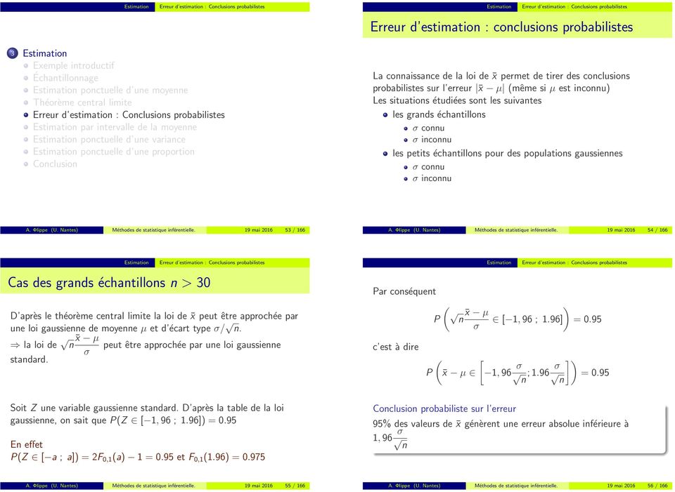 petits échatillos pour des populatios gaussiees σ cou σ icou A. Φlippe (U. Nates) Méthodes de statistique iféretielle.