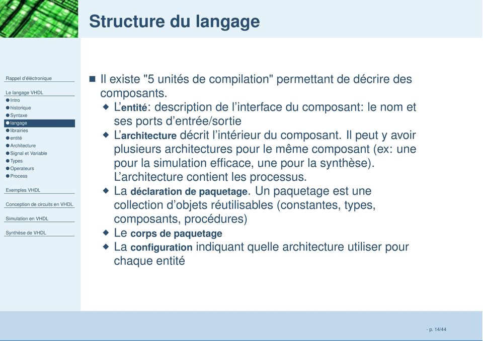 Il peut y avoir plusieurs architectures pour le même composant (ex: une pour la simulation efficace, une pour la synthèse). L architecture contient les processus.