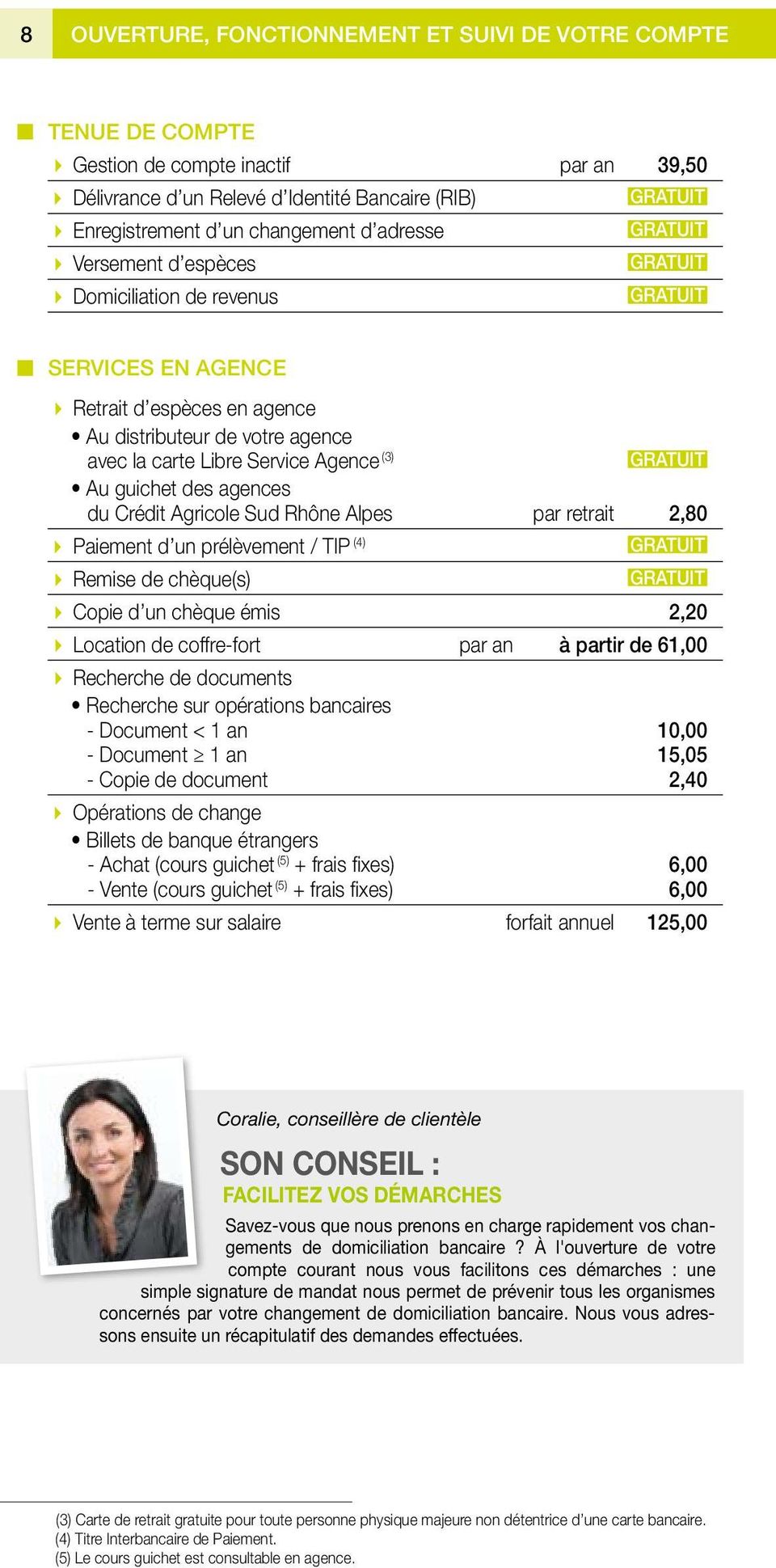 Agricole Sud Rhône Alpes par retrait 2,80 Paiement d un prélèvement / TIP (4) Remise de chèque(s) Copie d un chèque émis 2,20 Location de coffre-fort par an à partir de 61,00 Recherche de documents