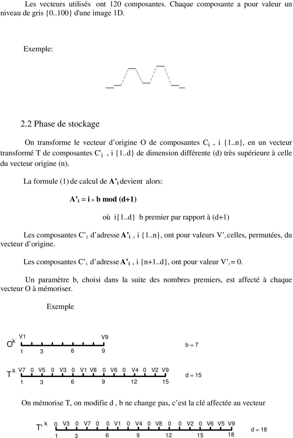 .d} de dimension différente (d) très supérieure à celle du vecteur origine (n). La formule (1) de calcul de A i devient alors: A i = i * b mod (d+1) où i{1.