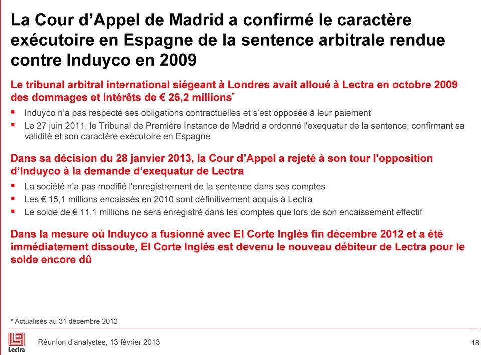 Instance de Madrid a ordonné l'exequatur de la sentence, confirmant sa validité et son caractère exécutoire en Espagne Dans sa décision du 28 janvier 2013, la Cour d Appel a rejeté à son tour l