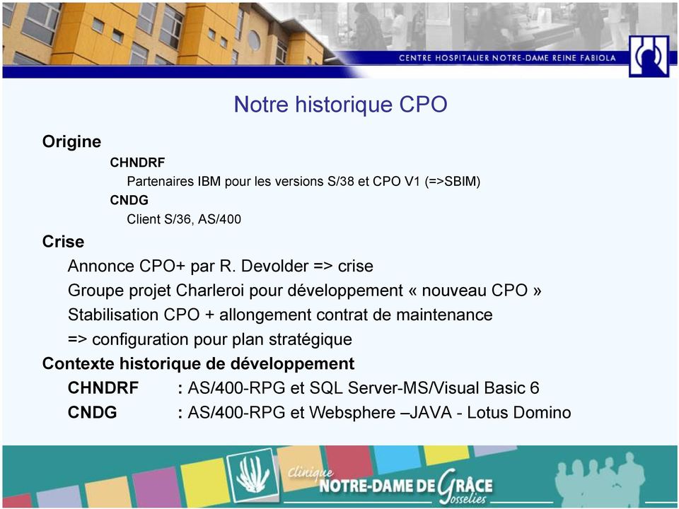 Devolder => crise Groupe projet Charleroi pour développement «nouveau CPO» Stabilisation CPO + allongement