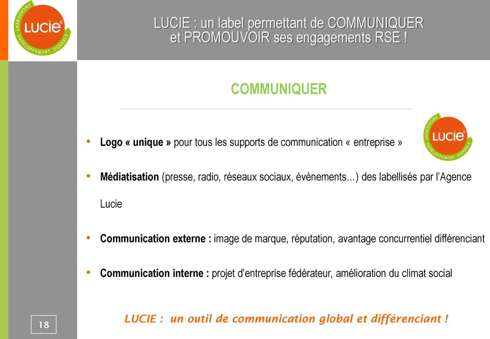 sociaux, évènements ) des labellisés par l Agence Lucie Communication externe : image de marque, réputation, avantage