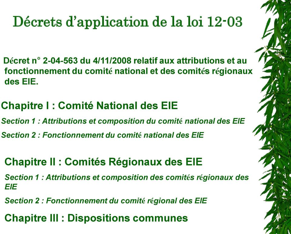Chapitre I : Comité National des EIE Section 1 : Attributions et composition du comité national des EIE Section 2 : Fonctionnement