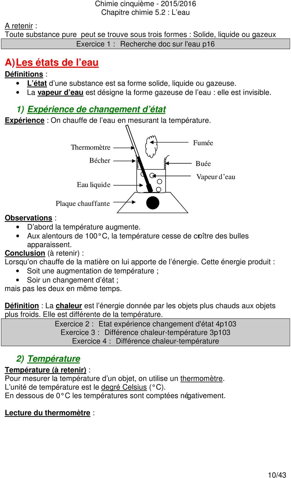 Le Cycle De L eau 5ème Exercices Corrigés Chimie cinquième /2016 Chapitre chimie 5.2 : L eau - PDF Téléchargement  Gratuit
