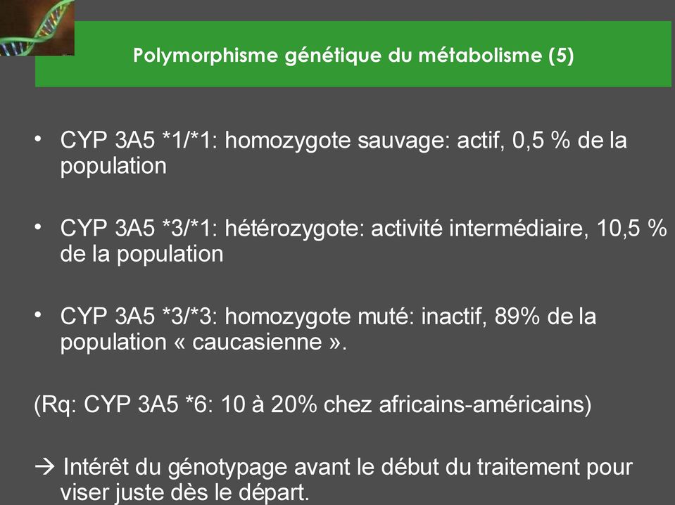 *3/*3: homozygote muté: inactif, 89% de la population «caucasienne».