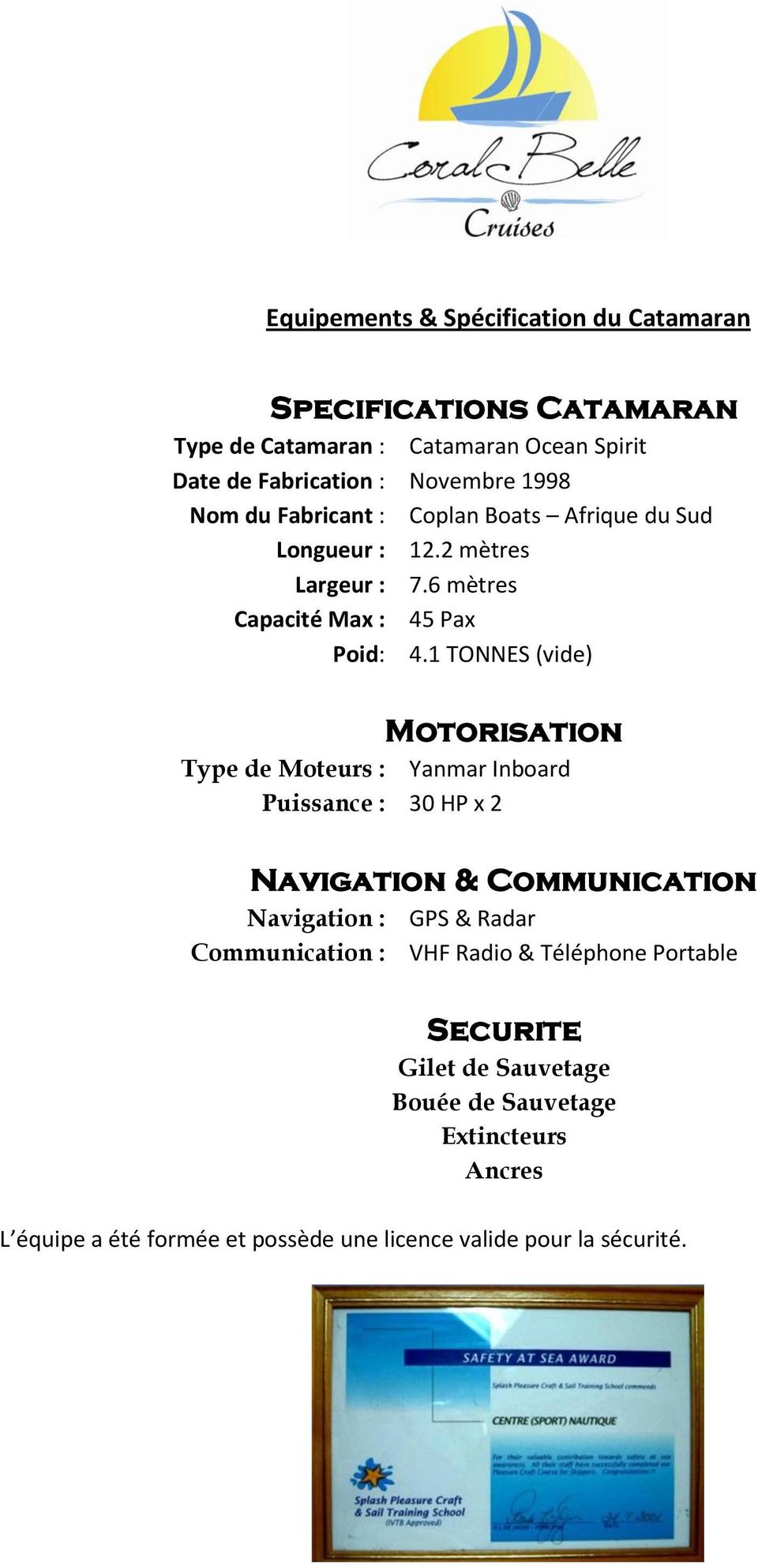 1 TONNES (vide) Motorisation Type de Moteurs : Yanmar Inboard Puissance : 30 HP x 2 Navigation & Communication Navigation : GPS & Radar