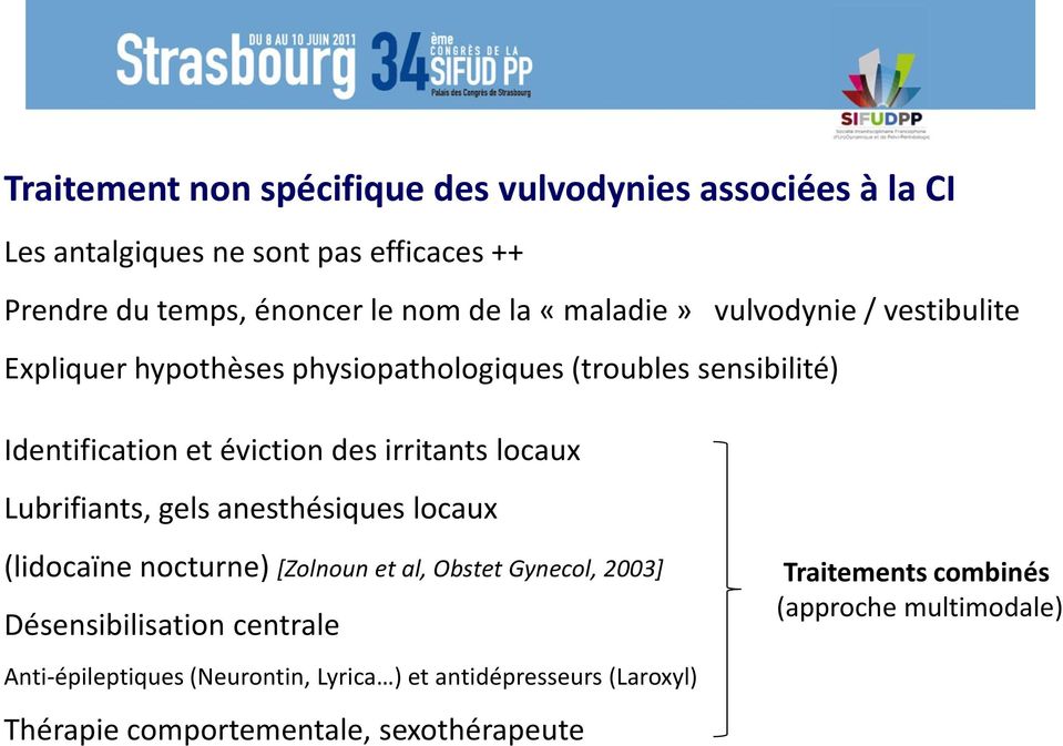 locaux Lubrifiants, gels anesthésiques locaux (lidocaïne nocturne) [Zolnoun et al, Obstet Gynecol, 2003] Désensibilisation centrale