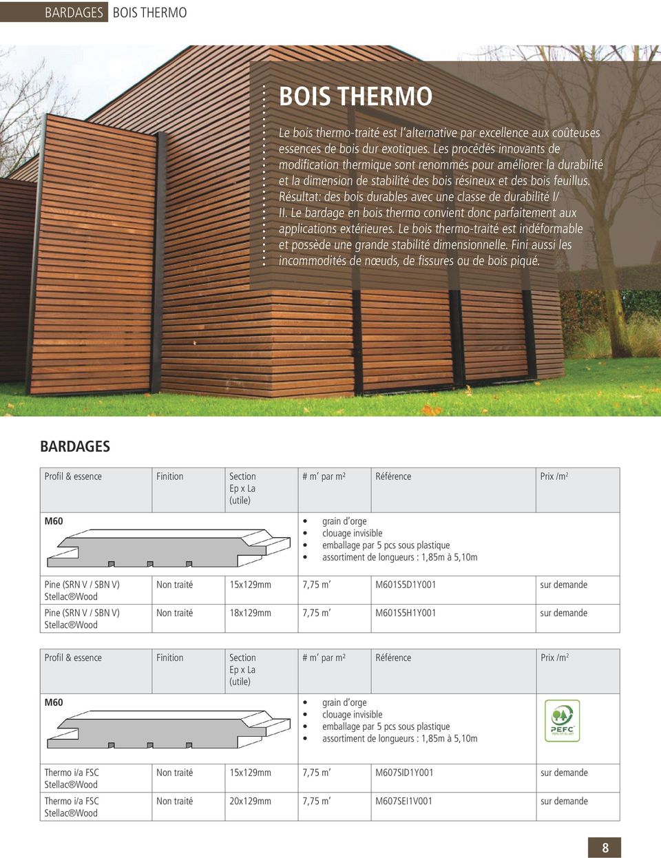 Résultat: des bois durables avec une classe de durabilité I/ II. Le bardage en bois thermo convient donc parfaitement aux applications extérieures.