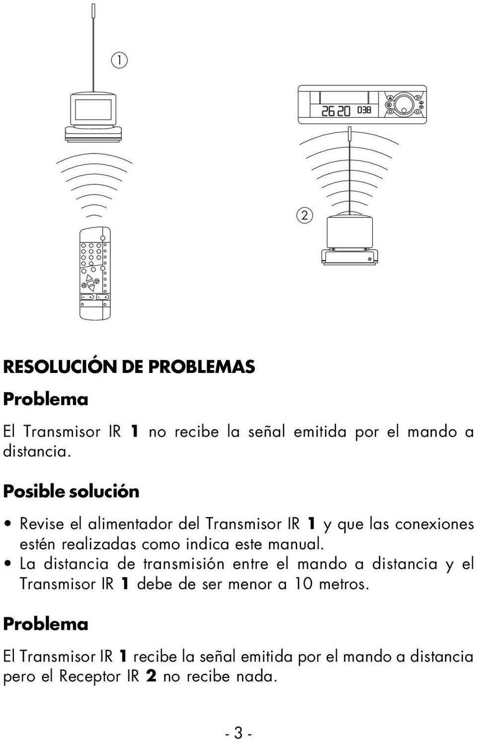 manual. La distancia de transmisión entre el mando a distancia y el Transmisor IR 1 debe de ser menor a 10 metros.