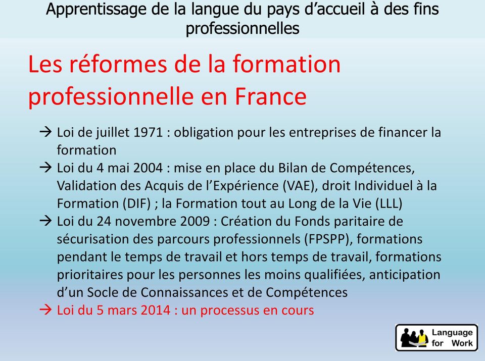 24 novembre 2009 : Création du Fonds paritaire de sécurisation des parcours professionnels (FPSPP), formations pendant le temps de travail et hors temps de travail,