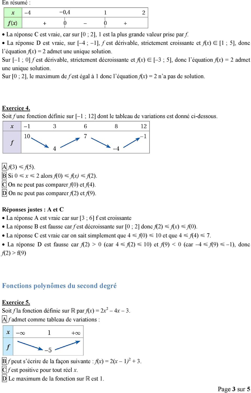 Sur [ 1 ; 0] f est dérivable, strictement décroissante et f(x) [ 3 ; 5], donc l équation f(x) = admet une unique solution.