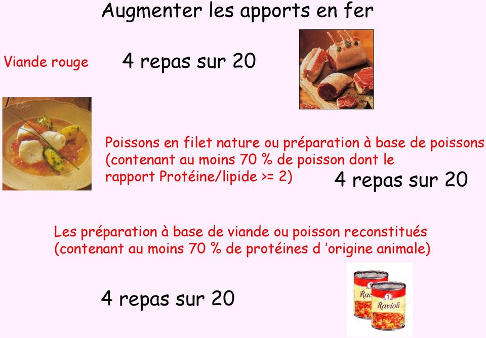 rapport Protéine/lipide >= 2) 4 repas sur 20 Les préparation à base de viande ou