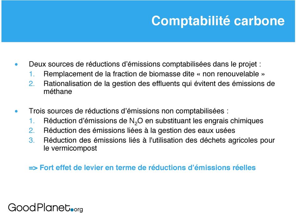 Rationalisation de la gestion des effluents qui évitent des émissions de méthane Trois sources de réductions d émissions non comptabilisées : 1.