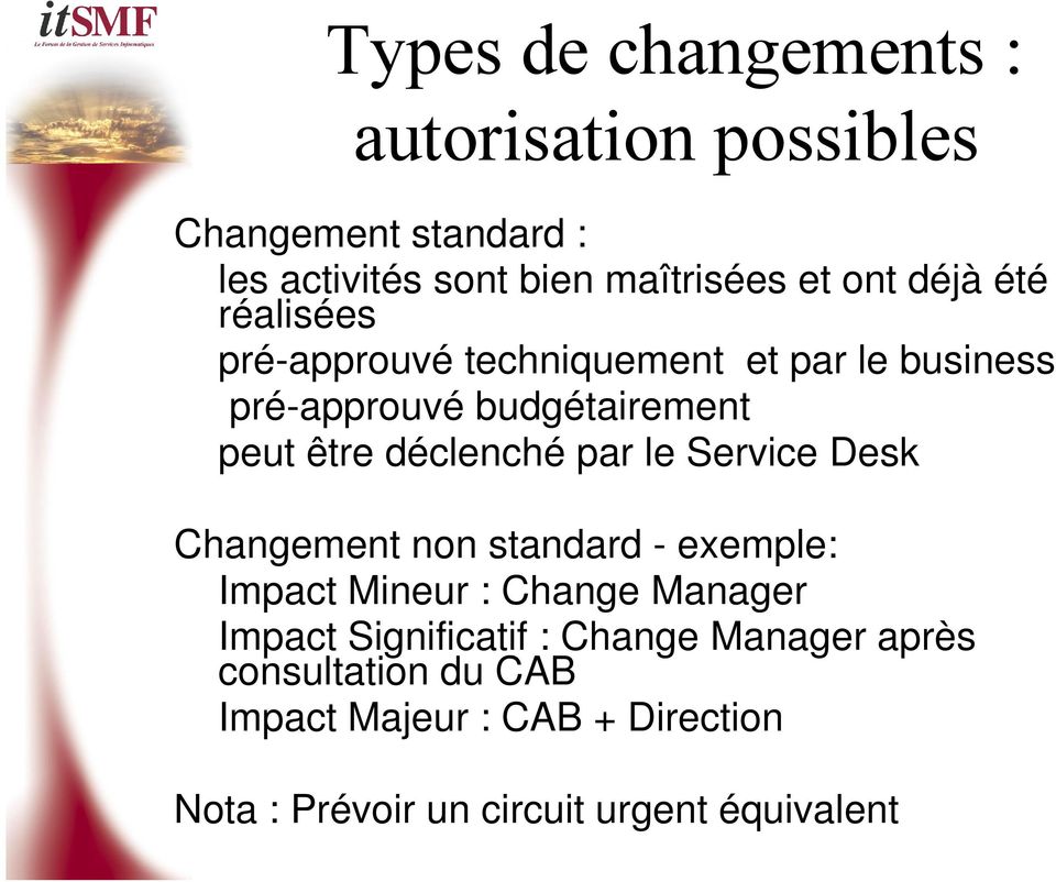 déclenché par le Service Desk Changement non standard - exemple: Impact Mineur : Change Manager Impact