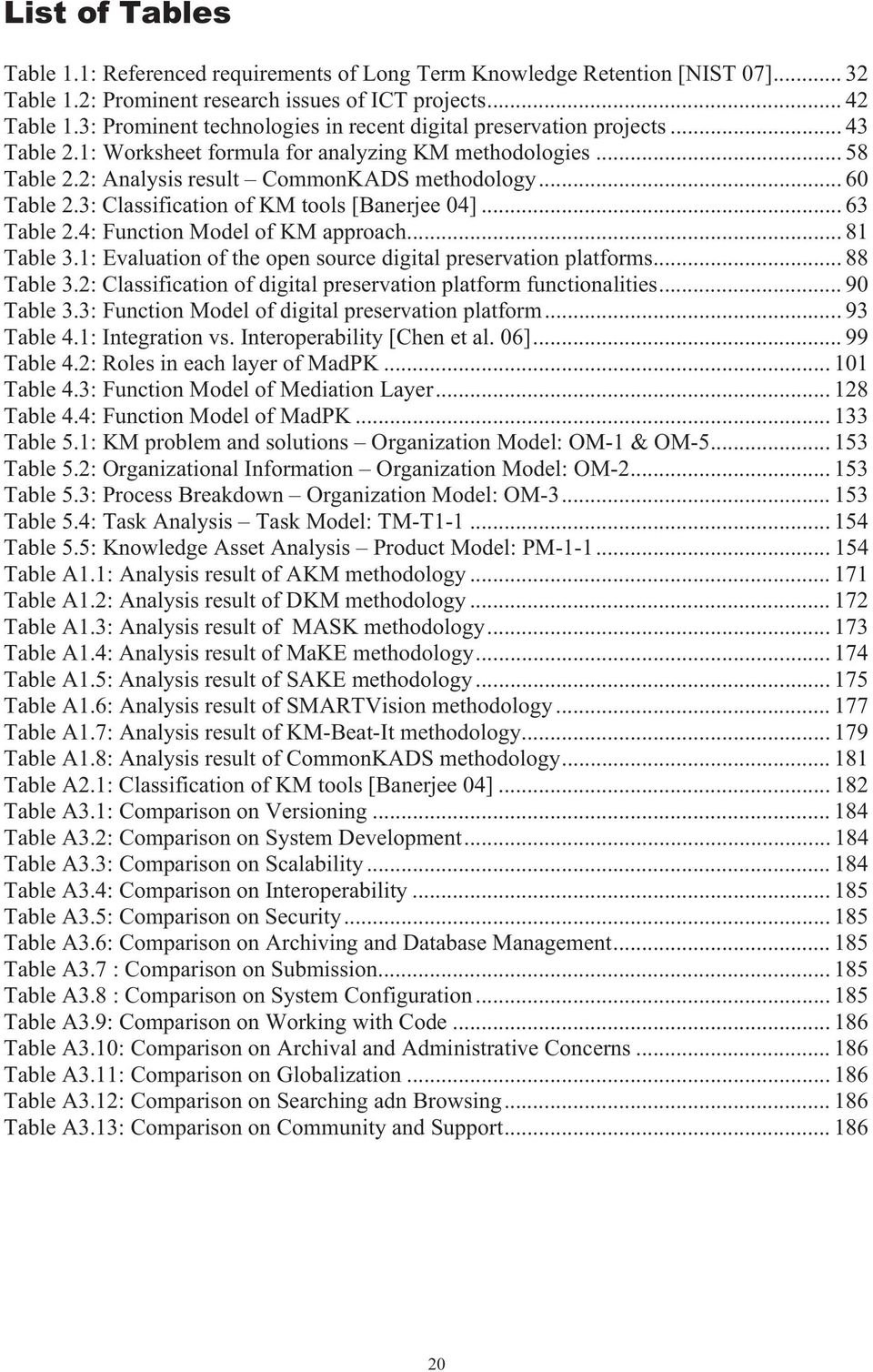 3: Classification of KM tools [Banerjee 04]... 63 Table 2.4: Function Model of KM approach... 81 Table 3.1: Evaluation of the open source digital preservation platforms... 88 Table 3.