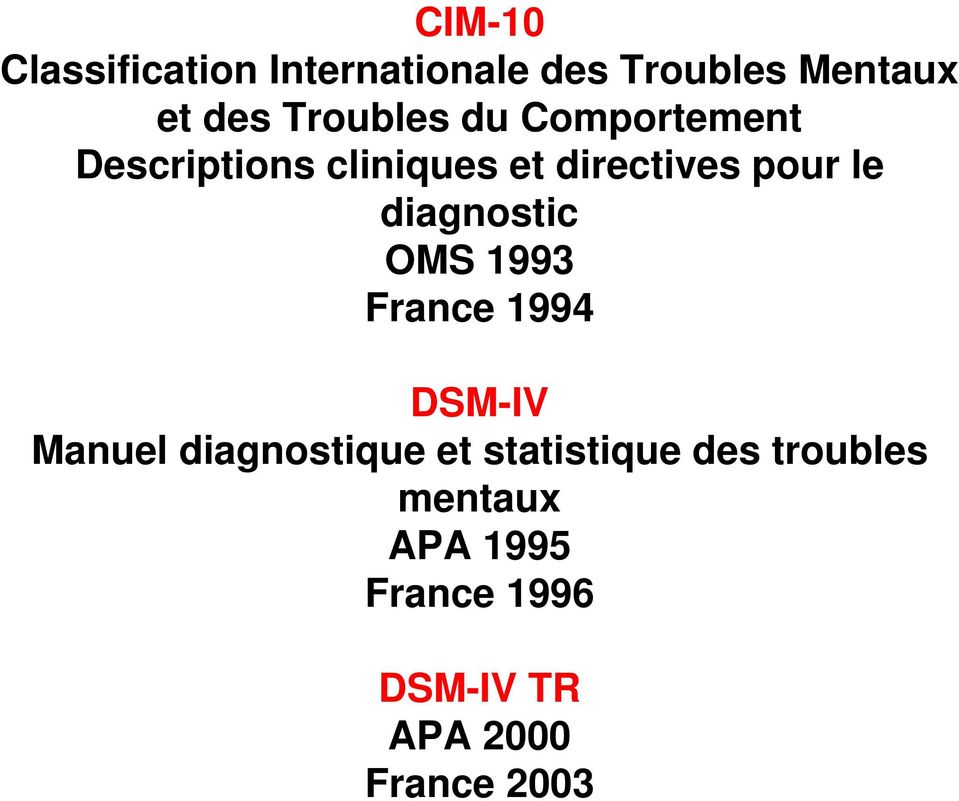 diagnostic OMS 1993 France 1994 DSM-IV Manuel diagnostique et