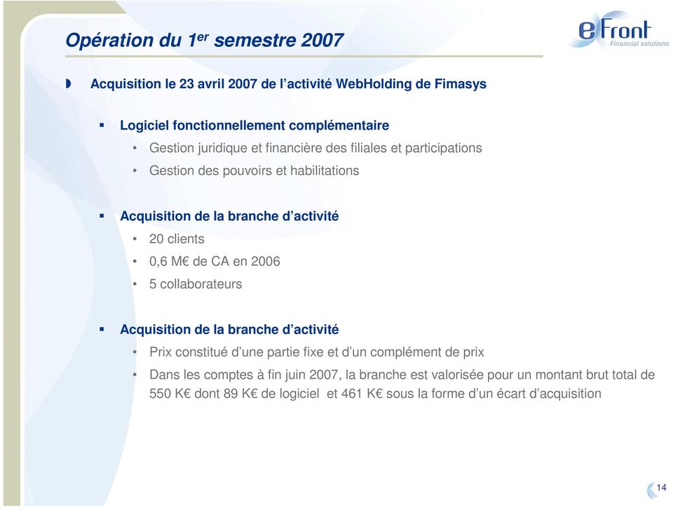 de CA en 2006 5 collaborateurs Acquisition de la branche d activité Prix constitué d une partie fixe et d un complément de prix Dans les comptes à