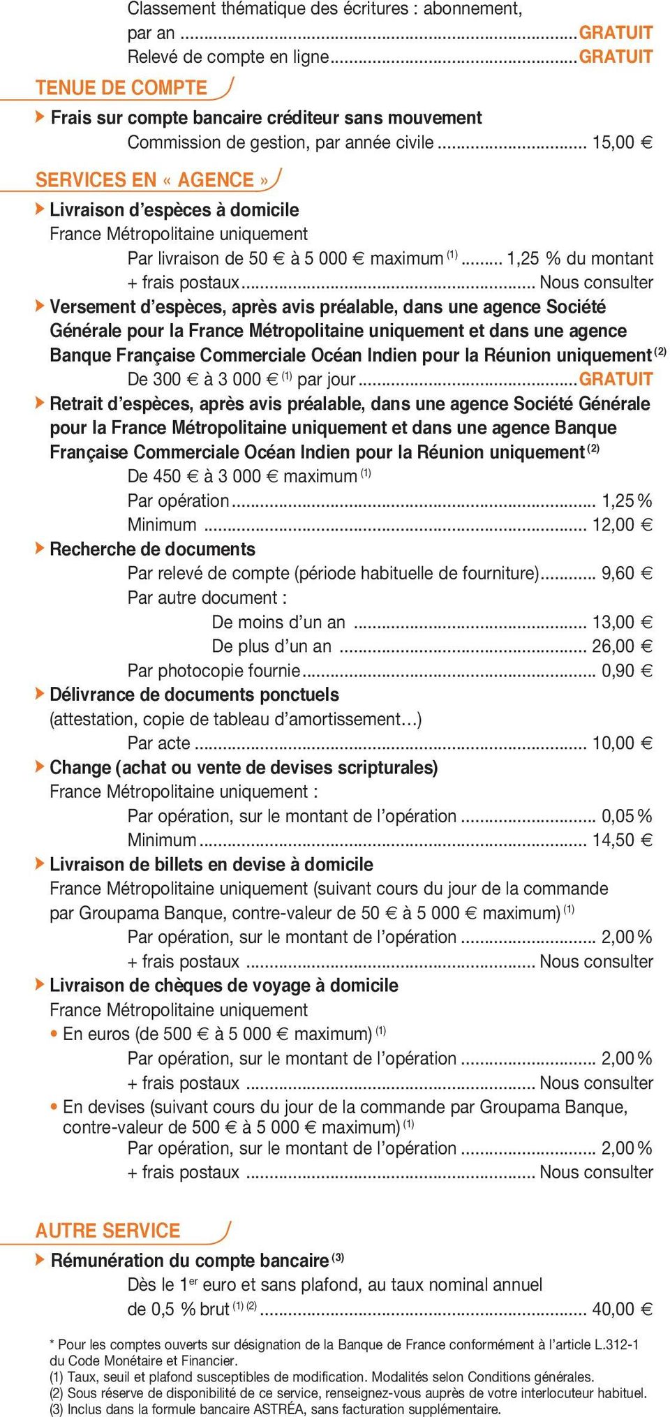 SERVICES EN «AGENCE» d Livraison d espèces à domicile France Métropolitaine uniquement Par livraison de 50 à 5 000 maximum (1)... 1,25 % du montant + frais postaux.