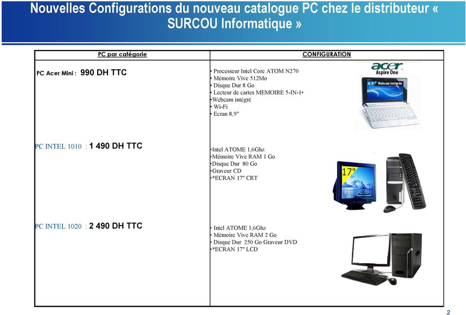 Intel ATOME 1,6Ghz Mémoire Vive RAM 1 Go Disque Dur 80 Go Graveur CD *ECRAN 17'' CRT PC INTEL