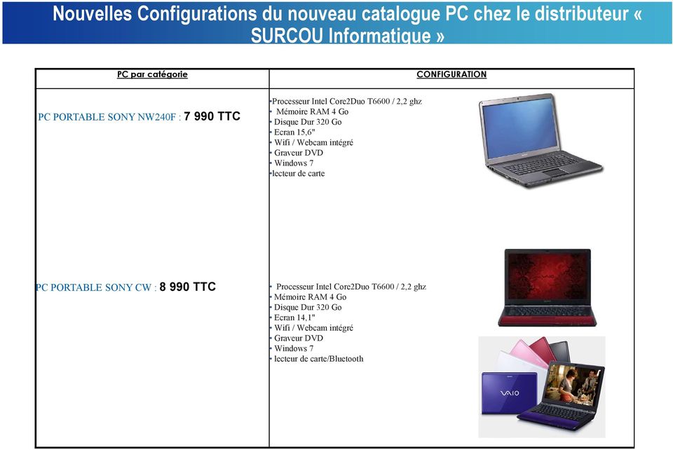 PORTABLE SONY CW : 8 990 TTC Processeur Intel Core2Duo T6600 / 2,2 ghz Mémoire RAM 4 Go Disque