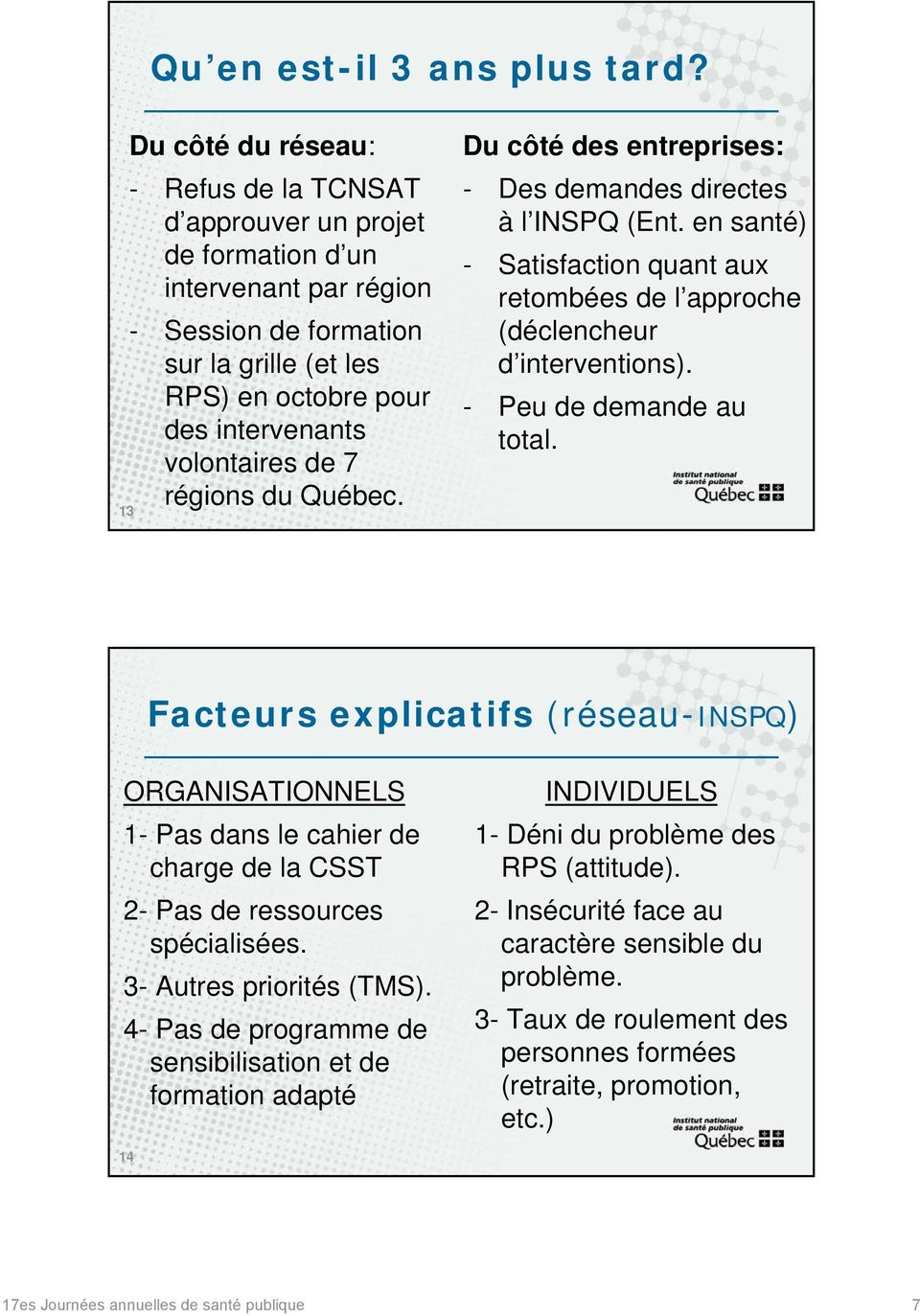 de 7 régions du Québec. 13 Du côté des entreprises: - Des demandes directes à l INSPQ (Ent. en santé) - Satisfaction quant aux retombées de l approche (déclencheur d interventions).