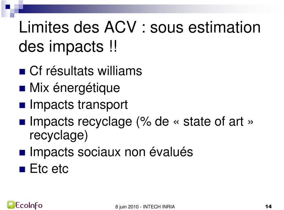 transport Impacts recyclage (% de «state of art»