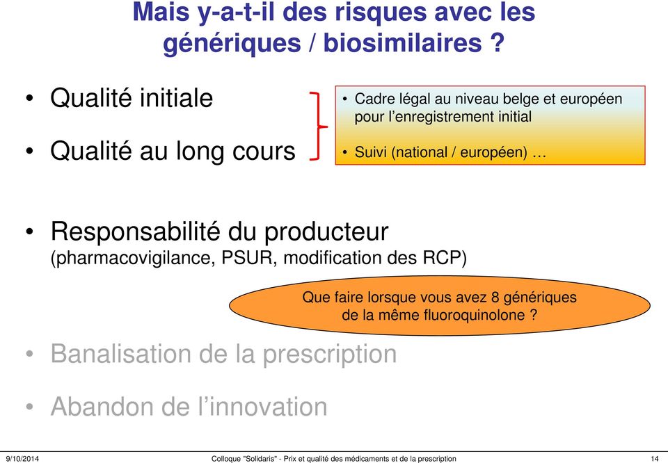 (national / européen) Responsabilité du producteur (pharmacovigilance, PSUR, modification des RCP) Banalisation de la