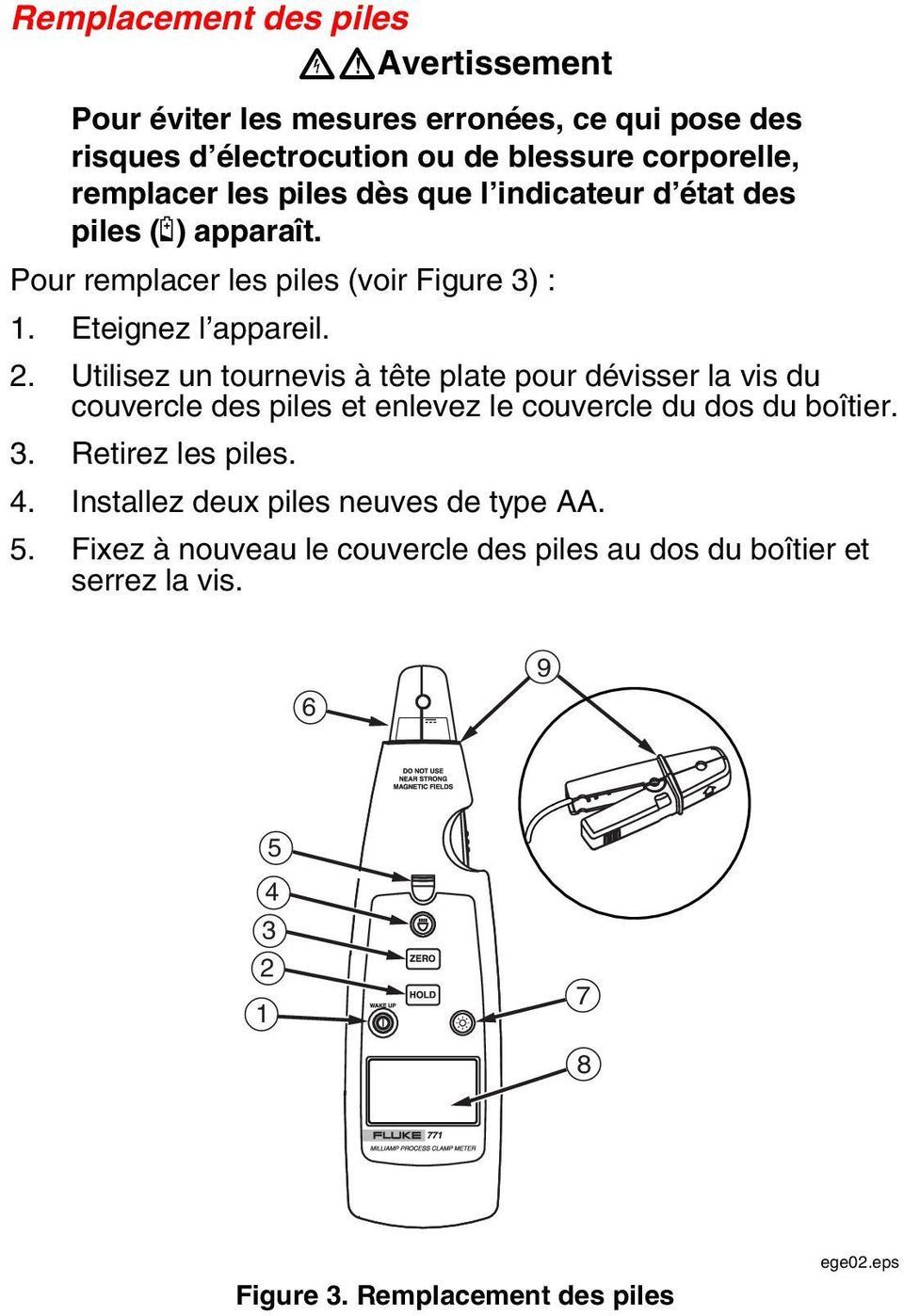 Utilisez un tournevis à tête plate pour dévisser la vis du couvercle des piles et enlevez le couvercle du dos du boîtier. 3. Retirez les piles. 4.