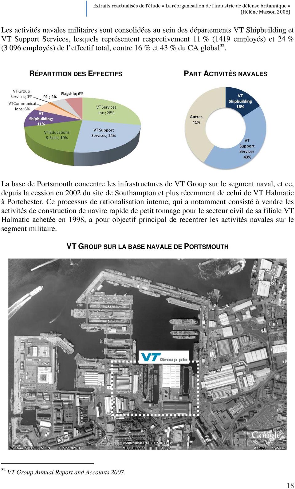 RÉPARTITION DES EFFECTIFS PART ACTIVITÉS NAVALES La base de Portsmouth concentre les infrastructures de VT Group sur le segment naval, et ce, depuis la cession en 2002 du site de Southampton et plus