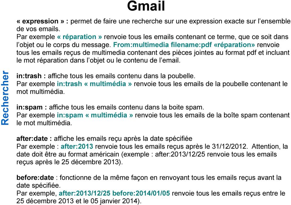 From:multimedia filename:pdf «réparation» renvoie tous les emails reçus de multimedia contenant des pièces jointes au format pdf et incluant le mot réparation dans l objet ou le contenu de l email.