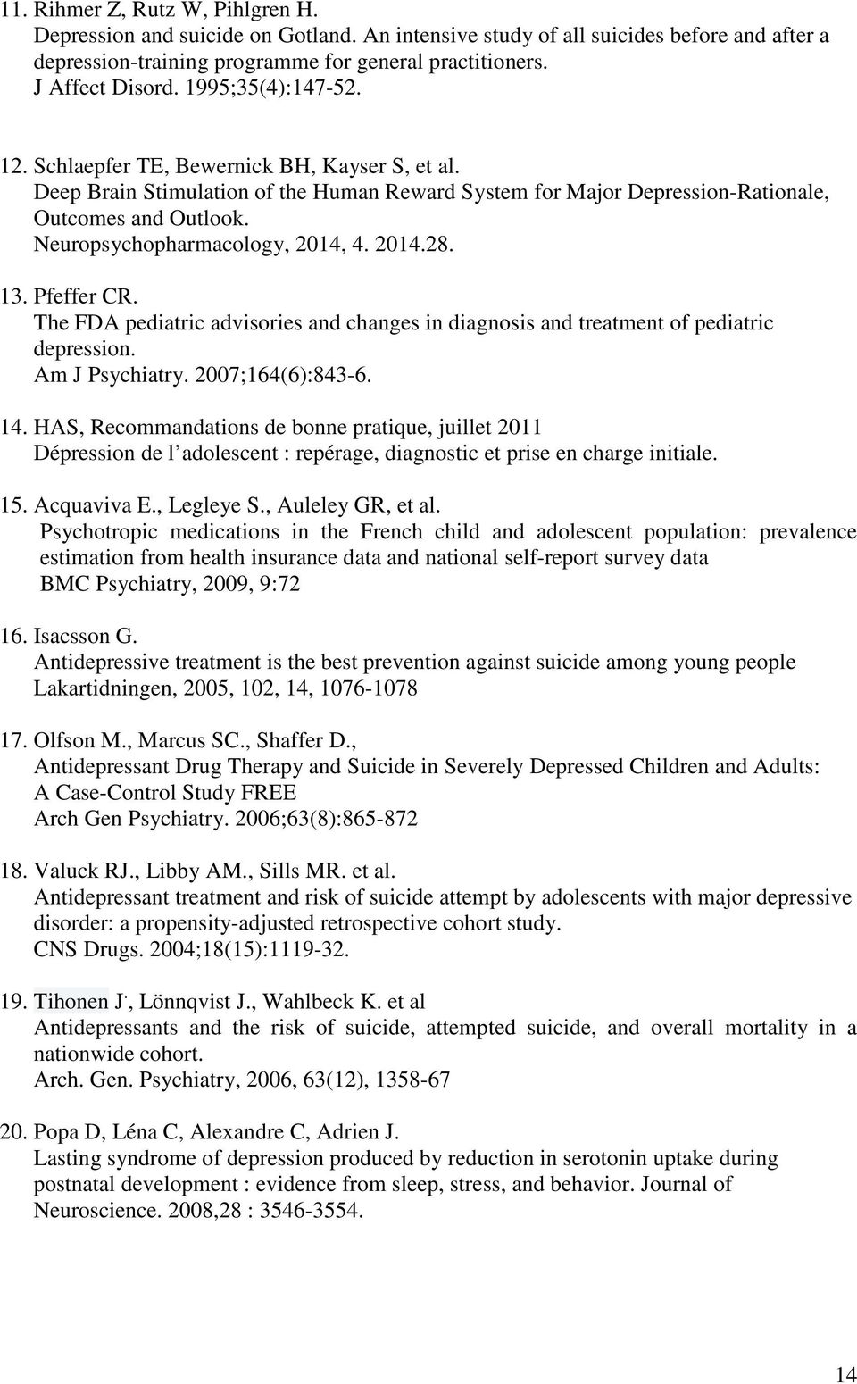 Neuropsychopharmacology, 2014, 4. 2014.28. 13. Pfeffer CR. The FDA pediatric advisories and changes in diagnosis and treatment of pediatric depression. Am J Psychiatry. 2007;164(6):843-6. 14.