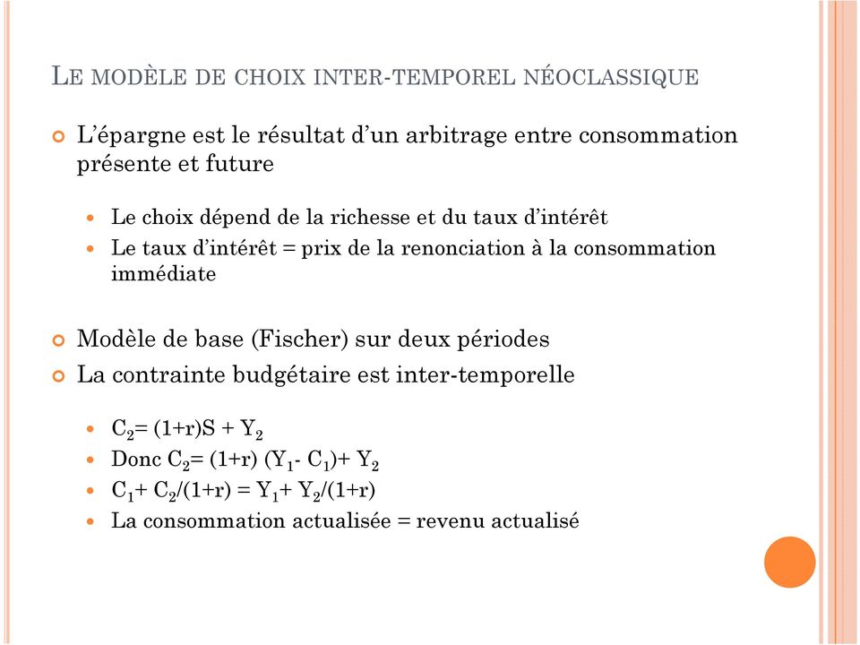 consommation immédiate Modèle de base (Fischer) sur deux périodes La contrainte budgétaire est inter-temporelle C 2 =