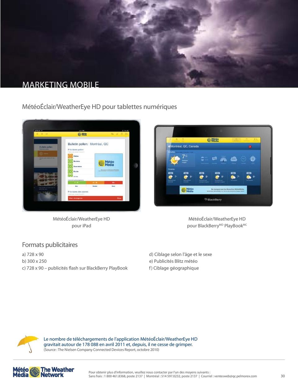 publicités flash sur BlackBerry PlayBook f) Ciblage géographique Le nombre de téléchargements de l application MétéoÉclair/WeatherEye HD