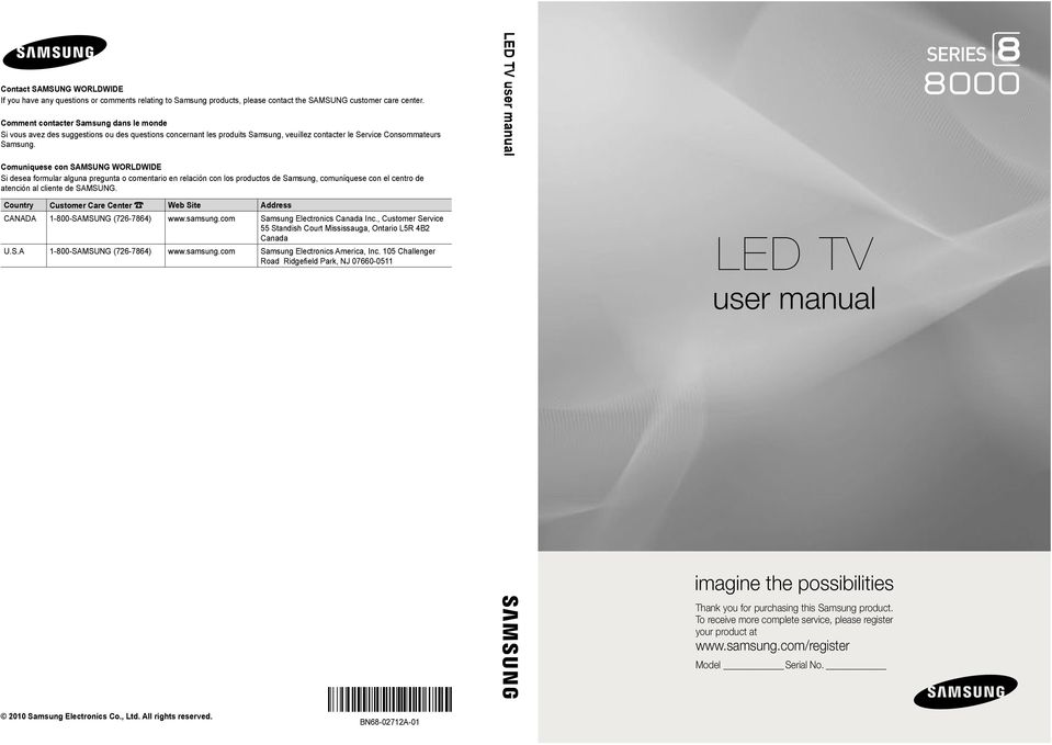 LED TV user manual Comuníquese con SAMSUNG WORLDWIDE Si desea formular alguna pregunta o comentario en relación con los productos de Samsung, comuníquese con el centro de atención al cliente de
